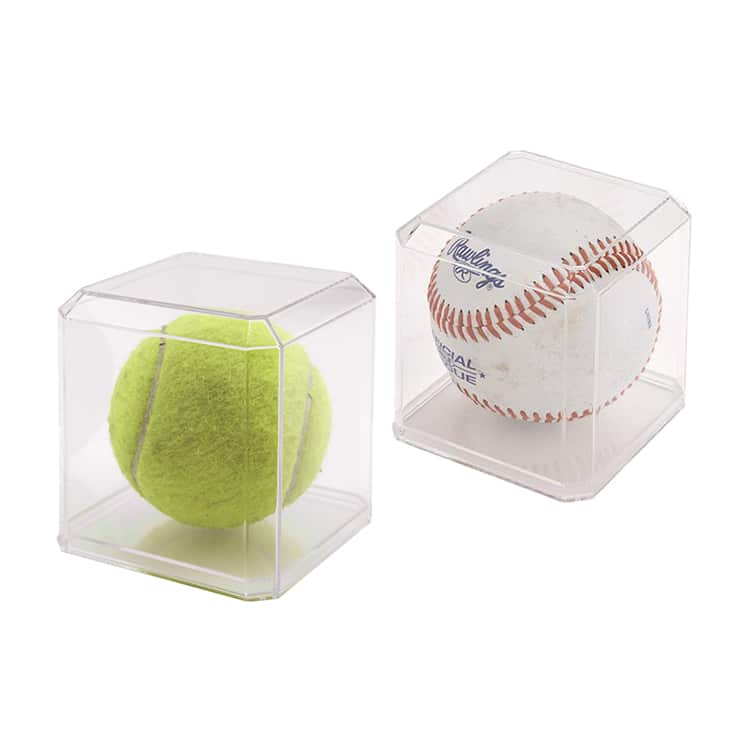 Display case 033C with a tennis ball and baseball in individual cases