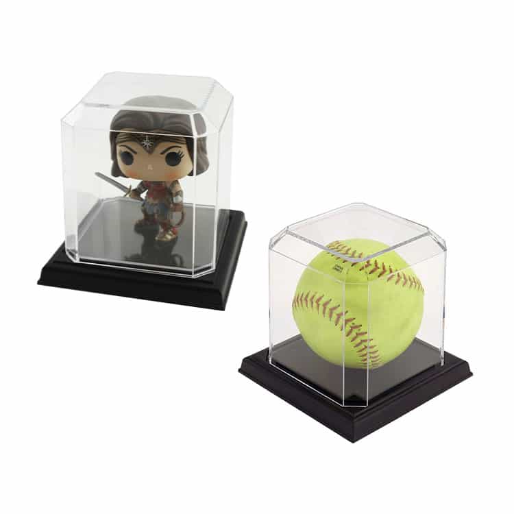 two 042CPBase display cases with a Funko Pop toy and softball inside