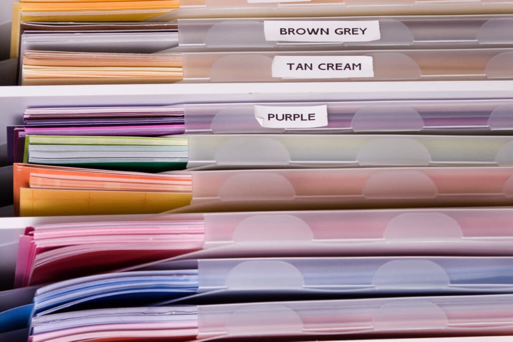 Construction paper for scrapbooking organized by color