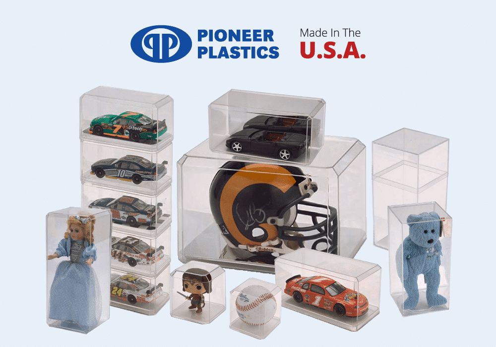 Unique toy collection displayed in clear cases, showcasing diverse figures and collectibles.